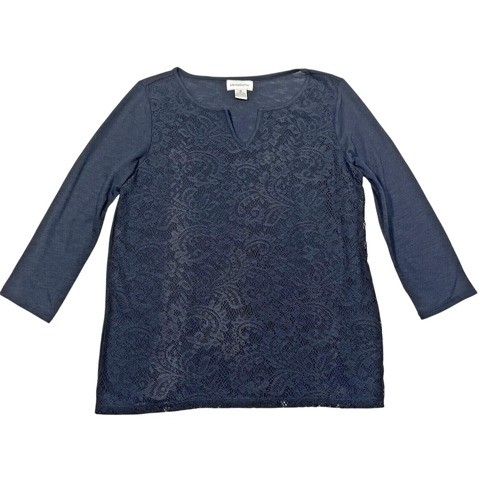 Liz Claiborne Lace Front Top Womens M Black 3/4 Sleeve Split Neck Romantic